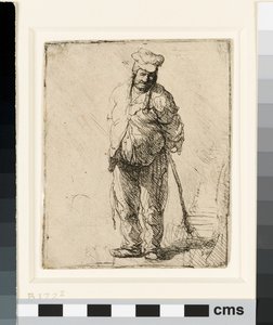 Raget bonde med hænderne bag sig, med en pind, ca. 1630 (ætsning) af Rembrandt van Rijn
