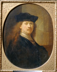 Rembrandt iført kokkehue mod en arkitektonisk baggrund ... af Rembrandt Harmensz. van Rijn