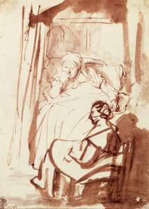 Saskia ligger i sin seng, en kvinde sidder ved hendes fødder af Rembrandt Harmensz. van Rijn
