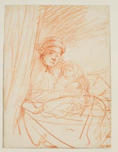 Saskia sidder op i sengen og holder et barn, 1635 ca af Rembrandt van Rijn