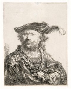 Selvportræt med fløjlshue og fjerpragt af Rembrandt Harmensz. van Rijn