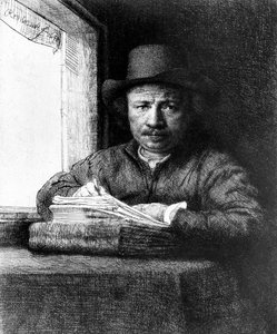 Selvportræt under tegning af Rembrandt van Rijn