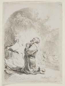 St. Hieronymus beder: buet tryk af Rembrandt van Rijn