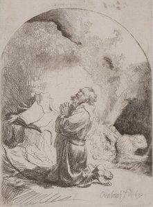 St. Hieronymus beder: buet tryk af Rembrandt van Rijn