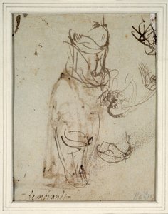 Studier af en høj hovedbeklædning; og et hoved vendt fra recto (pen og blæk på papir) (verso af 2636119) af Rembrandt Harmensz. van Rijn