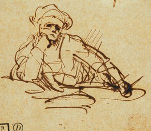 Studie af en forfatter, siddende, tænkepause, af Rembrandt van Rijn