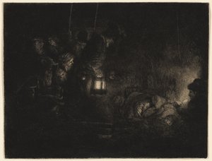 The Adoration of the Shepherds: A Night Piece, ca. 1657 (ætsning, drypoint og burin i sort på elfenbenspålagt papir) af Rembrandt Harmensz. van Rijn