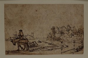 Udsigt på Amstel, med en hest, der trækker en pram, ca. 1650 (pen og blæk med brun vask på papir) af Rembrandt Harmensz. van Rijn
