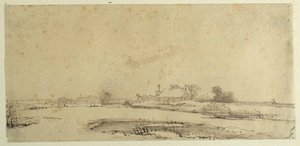 Vand, enge og en bondegård (pen & blæk på papir) af Rembrandt Harmensz. van Rijn