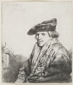 Ung mand i fløjlskasket med bøger ved siden af sig af Rembrandt van Rijn