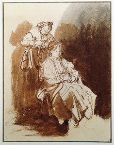 Ung kvinde ved sit toilet. En gammel piges hår. (Blæktegning, ca. 1635) af Rembrandt van Rijn