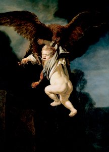 ""bortførelsen af ​​Ganymedes"" (Bortførelsen af ​​Ganymedes) Mens han græsser sin flok på Troas-bjerget Ida, forvandler Zeus sig til en ørn, kidnapper ham for at gøre ham til sin elsker og gudernes mundskænk Maleri af Rembrandt van Rhijn (1606-1669) 16 af Rembrandt van Rijn