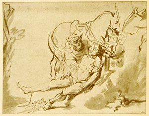 Den barmhjertige samaritaner undersøger den sårede af Rembrandt van Rijn