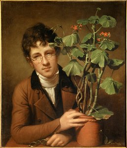 Portræt af maleren Rubens Peale (1784-1864) ved geraniumen Maleri af Rembrandt Peale (1778-1860) (ec.amer.) 1801 Collection privee - Portræt af maleren Rubens Peale (1784-1864) med en geranium - Maleri af Rembrandt Peale (1778-1860), olie på