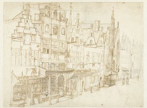 Udsigt over en række huse i en by af Rembrandt van Rijn (school of)