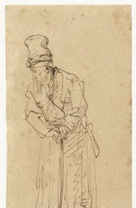 Gammel mand læner sig op ad en pind af Rembrandt van Rijn (school of)