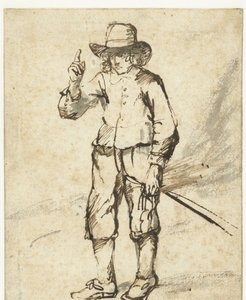 Stående dreng holder en pisk og løfter sin højre hånd af Rembrandt van Rijn (school of)