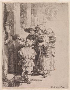 En tiggerfamilie modtager almisser af Rembrandt van Rijn