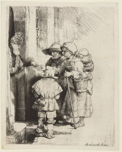 En blind hurdy-gurdy-spiller og hans familie modtager almisser af Rembrandt van Rijn