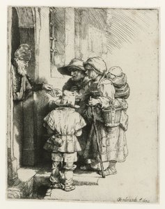 En blind gurdy-spiller og hans familie En blind gurdle-spiller og familie, der modtager almisser af Rembrandt van Rijn