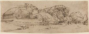 Et landskab med landbrugsbygninger blandt træer af Rembrandt van Rijn