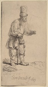 En bonde med høj hue, der står og læner sig op ad en stok af Rembrandt van Rijn