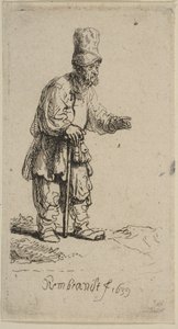 En bonde i høj kasket, stående lænet på en pind, 1639. af Rembrandt van Rijn