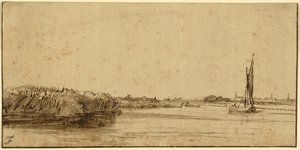 A Sailing Boat on a Wide Expanse of Water, ca. 1650 (pen og brunt blæk og brun vask, på tonet papir) af Rembrandt van Rijn