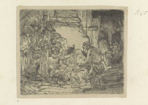 Aanbidding der herders: met de olielamp Samling af 85 originale tryk (serietitel) af Rembrandt van Rijn