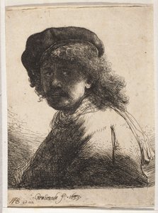 Selvportræt med beret og sjal af Rembrandt van Rijn