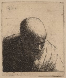 Skaldet mand med åben mund, der ser ned af Rembrandt van Rijn