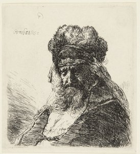 Skægget gammel mand med en høj pelshue og lukkede øjne af Rembrandt van Rijn