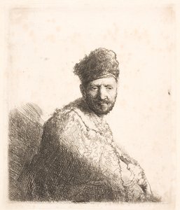 Skægget mand (Rembrandts far) i orientalsk hue og kappe med pelskant: halvfigur af Rembrandt van Rijn