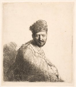 Skægget mand (Rembrandts far) i orientalsk hue og kappe med pelskant: halvfigur af Rembrandt van Rijn