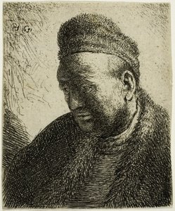 Skægløs mand i en pelskappe og kasket: Buste af Rembrandt van Rijn