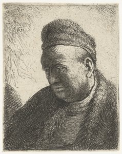 Skægløs mand i pelskappe og kasket: buste af Rembrandt van Rijn