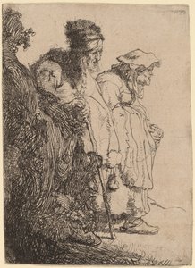 Tiggermand og kvinde bag en bank af Rembrandt van Rijn