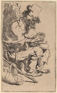 Tigger sidder og varmer sine hænder ved en gnidningsret af Rembrandt van Rijn