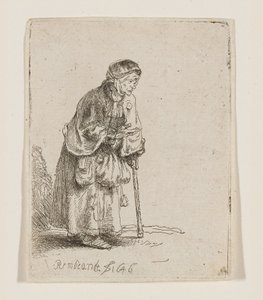 Tiggende kvinde støttet til en stok af Rembrandt van Rijn