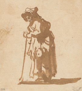 Tiggerkvinde læner sig op ad en pind, 16281630. af Rembrandt van Rijn