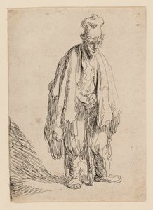 Tigger med høj kasket, stående og lænet på en pind af Rembrandt van Rijn