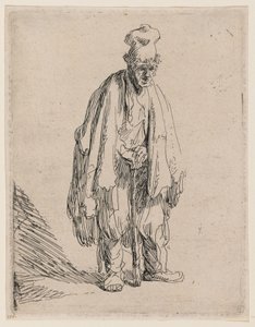Tigger med høj kasket, stående og støttet til en stok af Rembrandt van Rijn