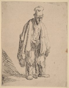 Tigger med høj kasket, stående og støttet til en stok af Rembrandt van Rijn