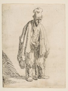 Tigger med høj kasket, stående og lænet på en pind, ca. 1629. af Rembrandt van Rijn