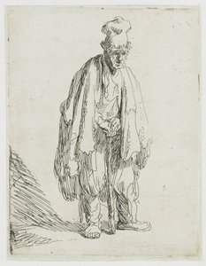 En tigger med en høj hue, der står og støtter sig til en stok af Rembrandt van Rijn