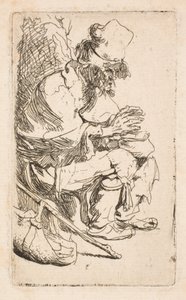 En tigger, der sidder og varmer hænderne ved en varmeskål af Rembrandt van Rijn