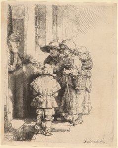 Tiggere, der modtager almisser ved døren til et hus af Rembrandt van Rijn