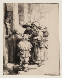Tiggere, der modtager almisser ved døren til et hus af Rembrandt van Rijn