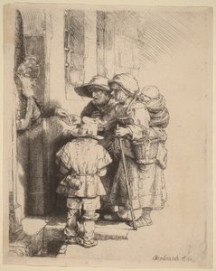 Tiggere, der modtager almisser ved indgangen til et hus af Rembrandt van Rijn