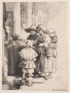 Tiggere, der modtager almisser ved indgangen til et hus af Rembrandt van Rijn